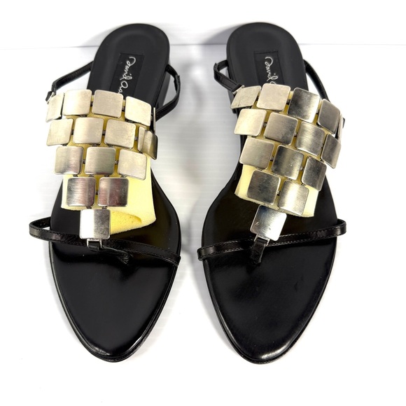 David Aaron, black leather sandals with square metal embellishments - Picture 2 of 10